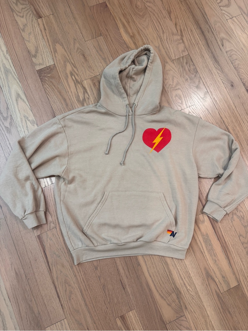 Aviator Nation Neutral Tan Hoodie with Red Heart & Lightning Graphic